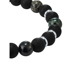 True Rebels Men's Bracelet Agate Black with Beads Birdstone Green Flexible Adjustable Energy Bracelet for Men with Pearls Gemstones, Gemstone, Agate