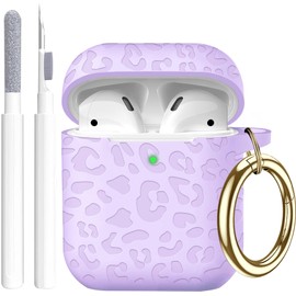 Gawnock Compatible with Airpods Case Leopard Engraved Skin Cover Compatible with Airpods 2nd/1st Charging Case,Cute Soft Silicone Full Protective, Front LED Visible, Lavender