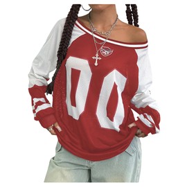 BEAUDRM Women's Y2k Mesh Jersey Shirts Sheer Number Graphic Tees Oversized Long Sleeve Tee Top Streetwear Red Large