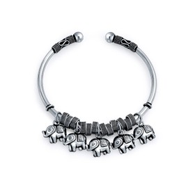 Bali Style 5 Charms Dangling Good Luck Elephant Bangle Cuff Bracelet For Women Solid Heavy Antiqued .925 Sterling Silver