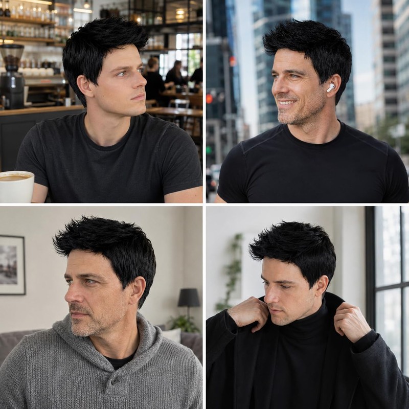Black Wigs for Men Short Layered Synthetic Male Guy Wig