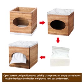 Acacia Tissue Box Marble top Natural Wood Decorative Tissue Cover for Bathroom Tissue Box Cover Cube for Home Office Table Counter Tissue Holder with stoarge Tray