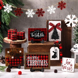 GlikCeil 20 Pcs Christmas Tiered Tray Decor Red Black and White Buffalo Plaid Wooden Sign Farmhouse Rustic Xmas Table Decorations Snowflake Tabletop Decor for Winter Home Shelf(Red Black Plaid)