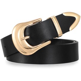 XZQTIVE Women's Leather Belt Ladies Western Belt Silver Gold Buckle Black Waist Belt for Jeans Pants Dresses, L, Black With Gold Buckle