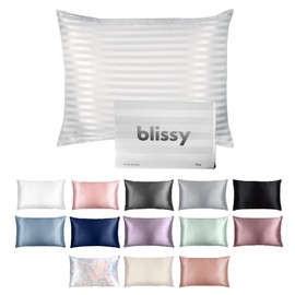 Blissy Silk Pillowcase - 100% Pure Mulberry Silk - 22 Momme 6A High-Grade Fibers - Silk Pillow Cover for Hair & Skin - Regular, Queen & King with Hidden Zipper (Queen, White Striped)