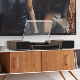 Vinyl Record Player with Dual Stereo Bookshelf Speakers Vintage Turntable with Bluetooth Wireless Playback Belt Drive 3-Speed Playback Record Player Support RCA Out Auto Stop