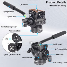 INNOREL Tripod Fluid Head Pan Tilt Head Mini Pan Metal Camera Video Tripod Head with 2 Arca Swiss Quick Release Plates, Handle, Magic Arm & Phone Clip for Video DSLR Cameras, Load up to 8.8lb/4kg, F10