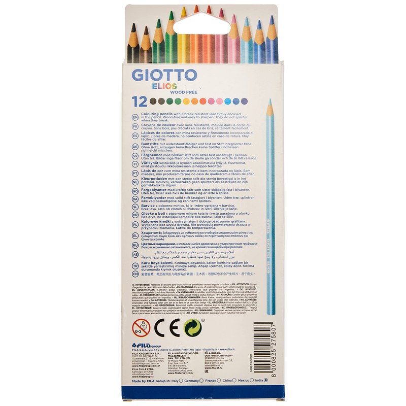 GIOTTO Elios Wood Free Colouring Pencils, 12 Assorted Colours, Ideal