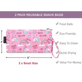 Reusable Sandwich Bag/Snack Bag for Kids & Adults, Dual Layer Lunch Bag with Handle, Washable, Food Safe, BPA Free (2-Pack, Rainbow Unicorn)