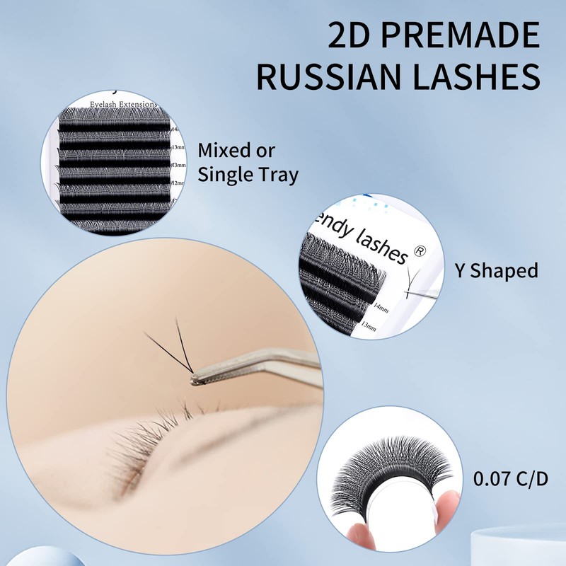 Y Eyelashes, 2D Eyelash Fans, 0.07 mm Thickness, D Curl,