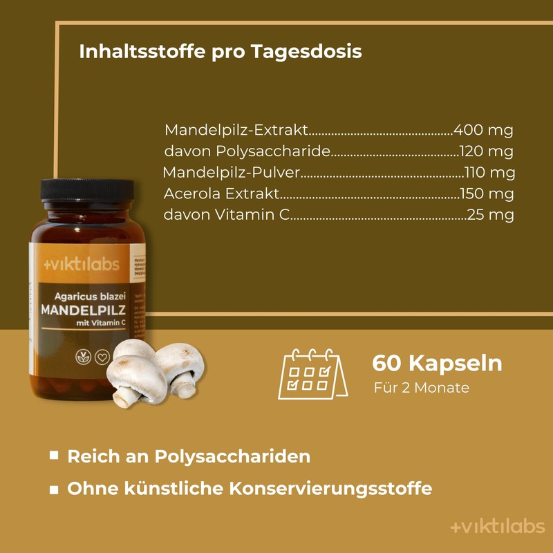 Viktilabs© Almond Mushroom - Agaricus Blazei - Capsules High Dose