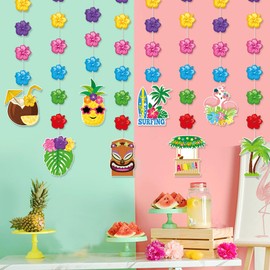 LOONELO Hawaiian Luau Hanging Banner, 8 Strings Hibiscus Flower Hanging Garland, Flower Tropical Palm Flamingo Hanging Decorations for Summer Beach Pool Party Supplies Decorations