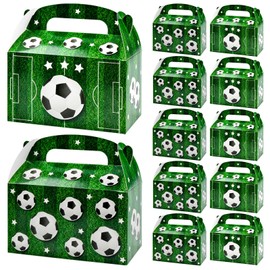 12 Pieces Soccer Party Treat Boxes, Creative Soccer Cardboard Boxes Soccer Party Favor Bags with Handles Candy Bags for Kids Birthday Soccer Themed Party Supplies (Green)