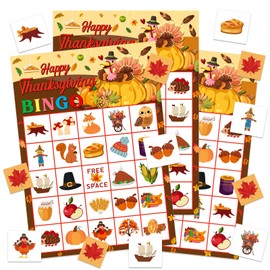 BIZIBAFF Thanksgiving Bingo Games for Kids Adults - 24 Players Turkey Bingo Cards - Happy Thanksgiving Party Games for Family Fall Autumn Activities Classroom Thanksgiving Gifts