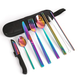 hecef Travel Cutlery, 9-Piece Camping Cutlery with Compact Case, Reusable 18/0 Stainless Steel Cutlery, Practical Cutlery Set for Work, School, Camping and Travel (Rainbow)