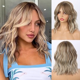 Highlight Ash Blonde Wavy Bob Wig With Curtain Bangs for Women Short Highlight Honey Blonde Curly Wavy Wig Synthetic Ash Brown Mixed Golden Blonde Shoulder Length Wig 14"Highlight Wig for Daily use