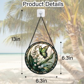 DASTOLL Stained Glass Window Hanging, Lily of The Valley Flower Butterfly Suncatcher for Doors Home Sun Catchers Decoration and Christmas, Mother's Day Birthday Gifts for Women, Men, Mom 6.3 in