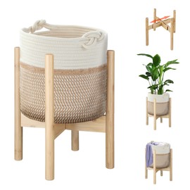 ZYWEICH Flower Pot Rattan Plant Stand Planter with Stand, Tall Indoor Boho Woven Wicker Storage Basket with Adjustable Wood Shelf (White & Brown)