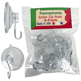 SCB- 9 Pak (Medium 1 3/4 inch) Pennsylvania Heavy Duty Suction Cup Hooks for Glass Windows. Signs Holiday Ornaments Suncatchers