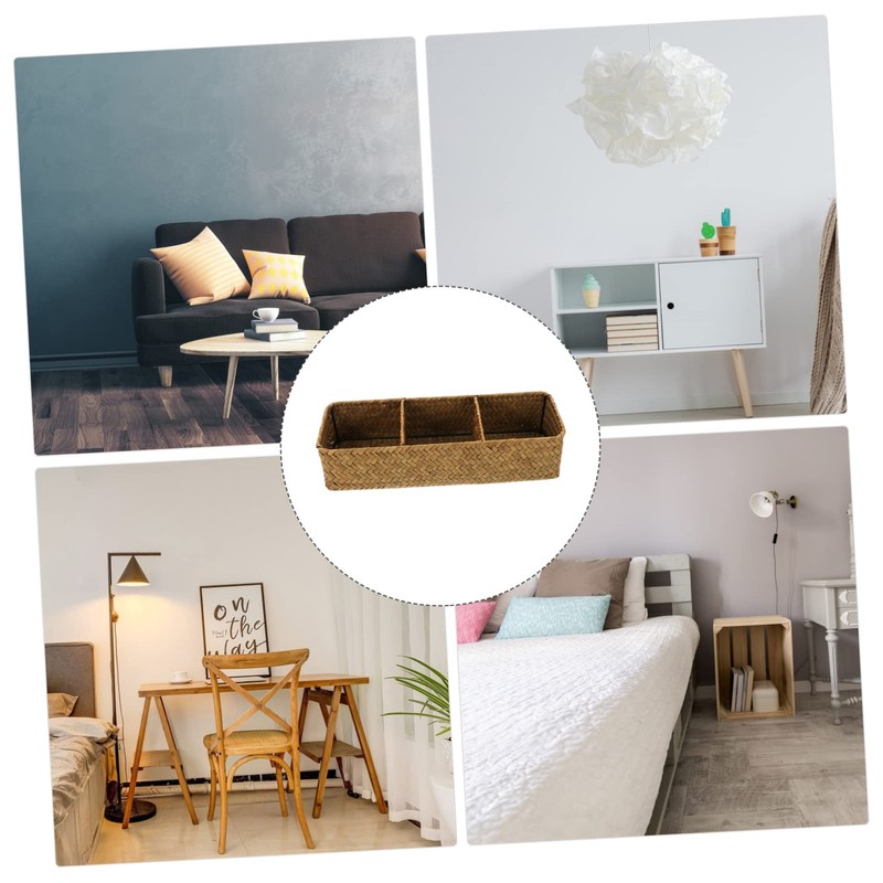 ABOOFAN Natural Seagrass Basket 3 Compartment Storage Box Elegant Desktop