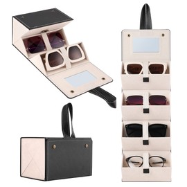 Muf Travel Sunglasses Organizer with 4/5 Compartments, Sunglasses Case, Sunglasses Holder, Sunglasses Storage, Suitable for Oversized Sunglasses., Black with white lining and 4 slots