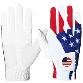 FINGER TEN Golf Gloves USA Flag Blue Camo Plaid Men Left Hand Right with Ball Marker Pack, Mens Leather Golf Glove All Weather Grip, Fit Size Small Medium ML Large XL (USA Flag, Small, Right)