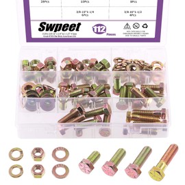 Swpeet 112Pcs 3/8-16" x 3/4" to 1-1/2" 5 Sizes Grade 8 USS Nut Bolts Assortment Kit, Heavy Duty Bolt Nut and Washer Assortment Coarse Thread Hex Head Cap Screws Bolt Flat and Lock Washer