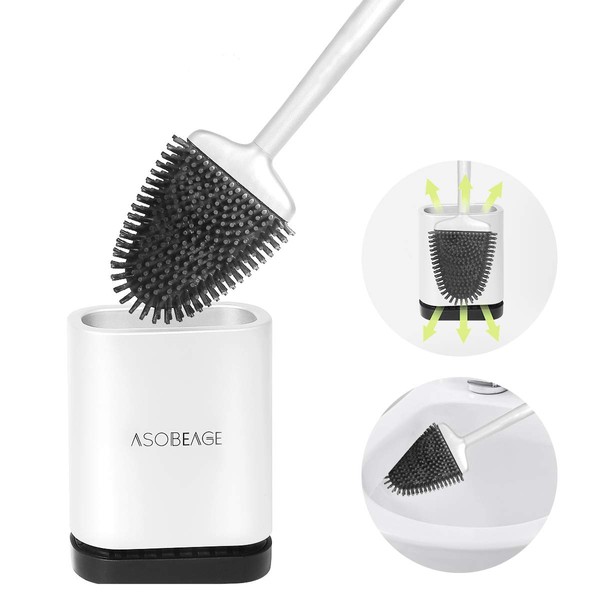 ASOBEAGE Toilet Brush,Deep Cleaner Silicone Toilet Brushes with No-Slip Long Plastic Handle and Flexible Bristles, Silicone Toilet Brush with Quick Drying Holder Set for Bathroom Toilet（White）
