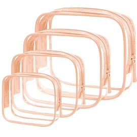 Clear Toiletry Bag, 4 Packs TSA Approved Water resistant Quart Size Travel Organizer, Airport Airline Travel Essential Carry On Makeup Cosmetic Bags for Women (Light Pink, Pack of 4)