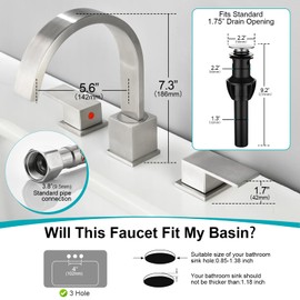 NOHALIPY Widespread 8 Inch Brushed Nickel Bathroom Sink Faucet, Waterfall Nickel Stainless Steel Bathroom Faucet for Sink 3 Hole, Vanity Lavatory Sink Faucets with Drain & Water Hoses
