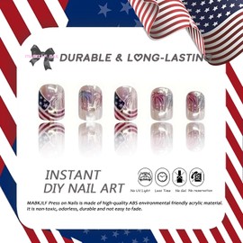 4th of July Press on Nails Short Square MABKJLF White French Tip Fake Nails False Nails with American Flag Fireworks Designs Glitter Glossy Glue on Nails Acrylic Nails for Women Girls 24Pcs