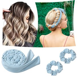 Heatless Hair Rollers for Sleeping, 3pcs Lazy Hair Curling Rod Headband Soft Woolen Curling Ribbon with Hair Rope for DIY Hair Styling Light Blue