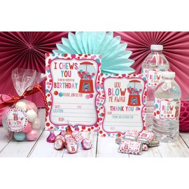 Amanda Creation Super Deluxe Pastel Bubble Gum Valentine's Day Birthday Party Bundle, Includes 20 Invitations & Thank You Cards & Envelopes plus Stickers and Water Bottle Labels!