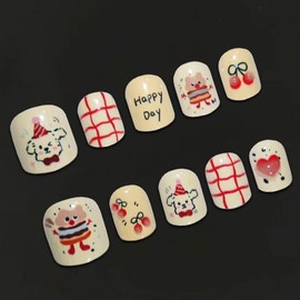 GREENTEA Handmade Children Cute Holiday Press-On Nails, Line Puppy White and Red Design, 10 Pieces
