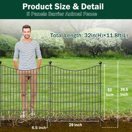 5 Panels No Dig Dog Fence Outdoor for Yard, 32 in(H) X 12 ft(L) Decorative Garden Fence Animal Barrier for Dogs, Rustproof Metal Wire Garden Edging Fence and Borders, Temporary Fencing Stakes