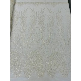 Mia Fabrics Ivory Beaded Fabric by the yard, Damask Pattern With Beads and Sequin