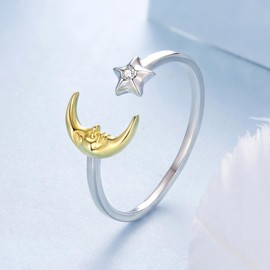 Qings Gold Sun Moon Ring for Women 925 Sterling Silver Moon Stars Rings Adjustable Open Ring Birthday Jewellery Gifts for Women, Sterling Silver, Cubic Zirconia
