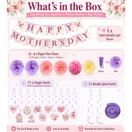 Mother's Day Decorations Set - Happy Mother's Day Banner, 6PCS Paper Pom Poms, 13Pcs Hanging Swirls with Best Mom Cardstock Cutouts - Floral Pink Party Supplies for Home, Mantle, Wall Decor