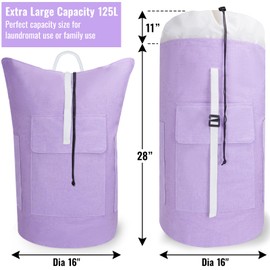 JOINPRO Laundry Bag Backpack, 125L Extra Large Travel with Shoulder Straps, Adjustable & Extendable Design, Laundry Hamper Bag with 3 Pockets for Laundromat, College, Travel, Camping (Purple)
