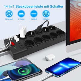 IECOPOWER 10-Fach Mehrfachsteckdose,Steckdosenleiste mit USB(PD 20W 2 USB-C Ports und 2 USB-A Ports), Steckdosenleiste überspannungsschutz,4000W/16A,1050 J, mehrfachsteckdose 2m mit Schalter,Schwarz