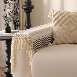 VClife Armrest Cover, Boho Couch Cover Cotton Linen Tufted Sofa Cover with Tassel, Non Slip Sofa Cover for Living Room Dog Couch Cover, 28"x28"