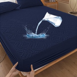 Premium Mattress Protector Waterproof 140 x 200 cm Fitted Sheet, 3D Pattern, Super Absorbent, Breathable Mattress Cover, Waterproof Mattress Protection, Moisture Protection, Fitted Sheets - Dark Blue