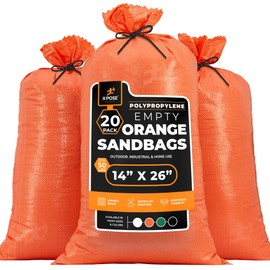 Xpose Safety Heavy Duty Sand Bags with Tie Strings – Empty Woven Polypropylene Sandbags for Hurricane Flood Protection, 50 lb Capacity, 14" x 26", Orange, Pack of 20