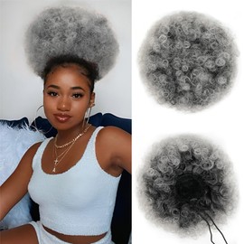 Doxken Afro Puff Drawstring Ponytail Extension Short Afro Wigs Curly Bun Hair Pieces For Women Clip On Kinky Curly Synthetic Hairpieces Ombre Gray T1B/0906