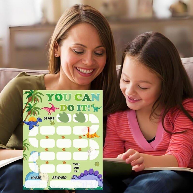 Dinosaur Reward Chart Cards with Stickers-Reusable Behavior Incentive Chart Card