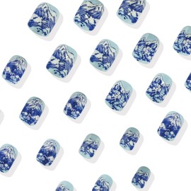 24 Pcs Short Press on Nails Flower Fake Nails Square False Nails Blue White Floral Acrylic Nails Full Cover Stick on Nails Spring Glue on Nails Glossy Artificial Nails for Women Manicure Decoration