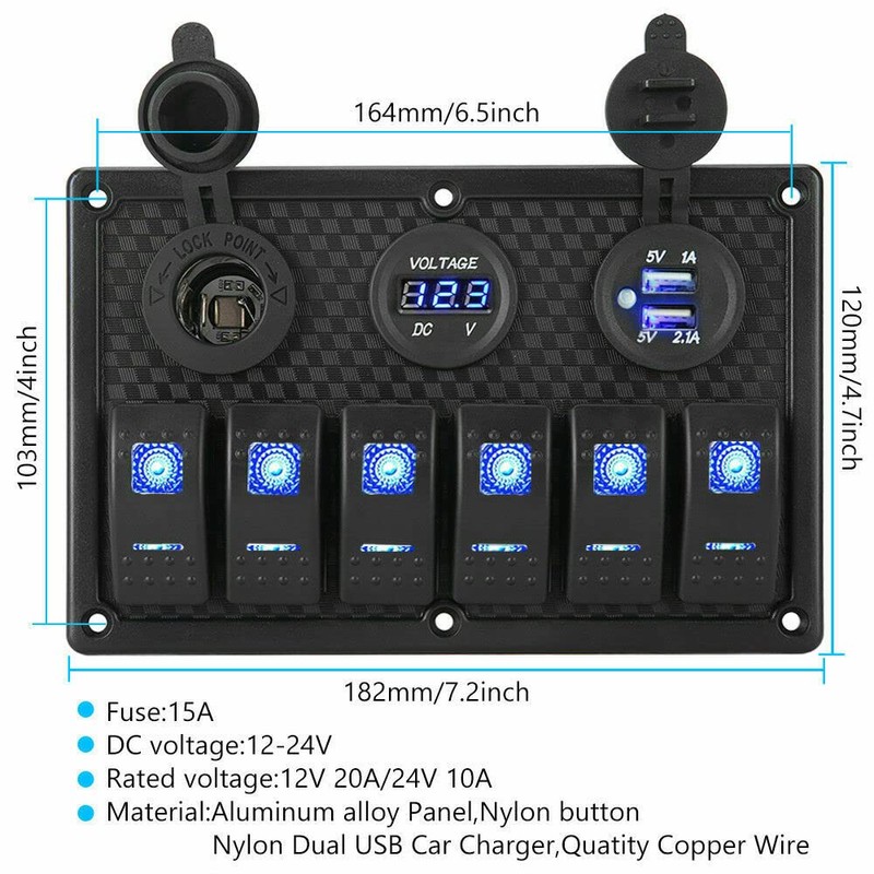 6 Gang 12V Switch Panel LED Light Rocker Circuit Breaker