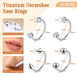 20G Titanium Horseshoe Nose Rings Internally Threaded Septum Jewelry Lip Rings Hoop Labret Jewelry Spike CZ Ball Horse Shoe Nose Ring Hoops for Women Men