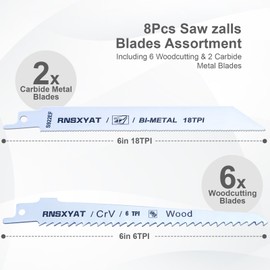 Reciprocating Saw Blades for Wood Pruning, 8Pcs Sawzall Blade Assortment Including 6 Woodcutting & 2 Carbide Metal Blades, Saw zalls Blade Holder with Storage Case (6in 6TPI + 6in18TPI) by RNSXYAT