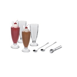 Le Regalo 9-Piece Ice Cream Serving Set - 4 Cups, 4 Spoons, 1 Scoop for Sundaes, Milkshakes, Desserts - Silver, Large